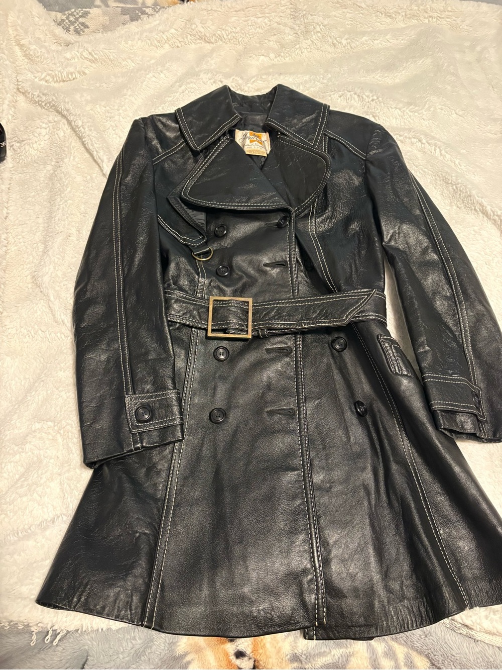 Women's Black  Leather Double-Breasted Trench Coat with Belt